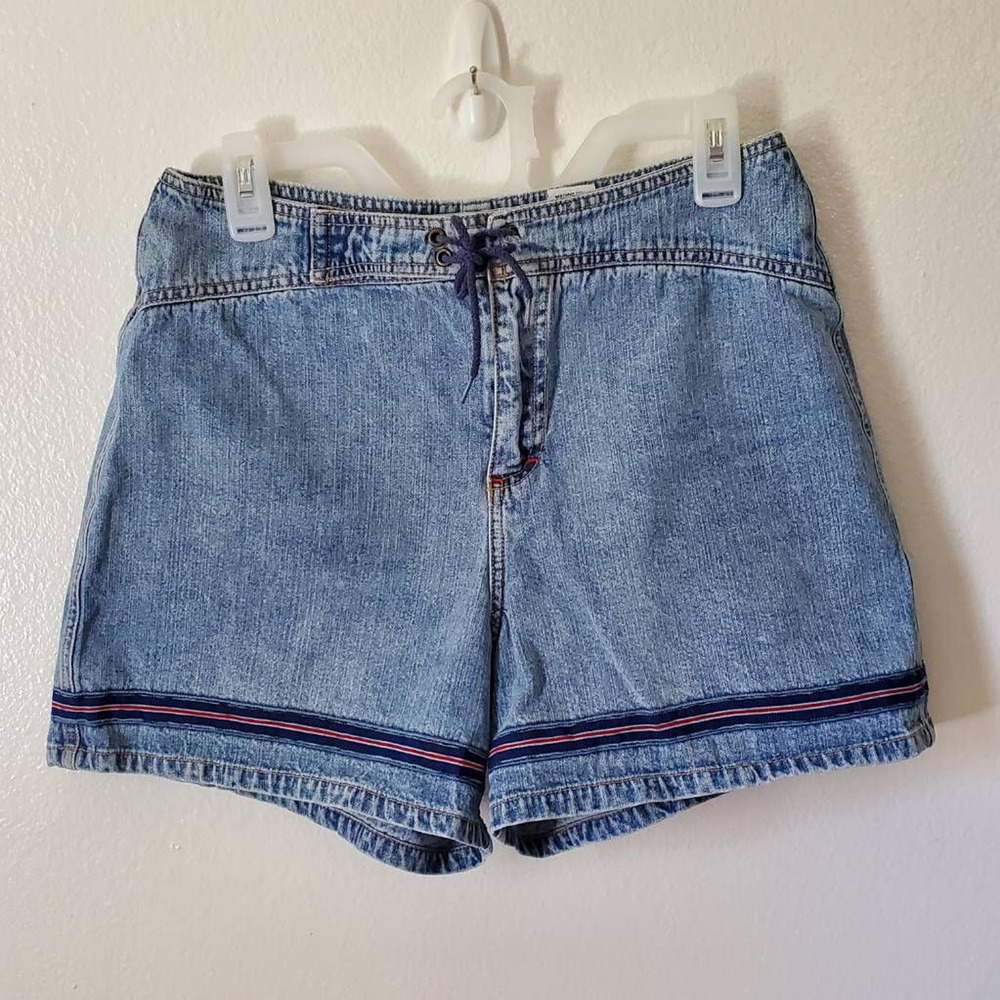 Vintage 90s Mudd Womens 11 Jean Shorts Blue Tie Waist Pocket High Rise Zip Jrs